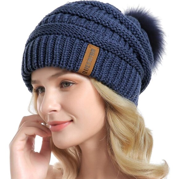 Women Denim Blue Soft Acrylic Thick Baggy Knit Winter Faux Fur Pompom Beanie - Picture 2 of 6